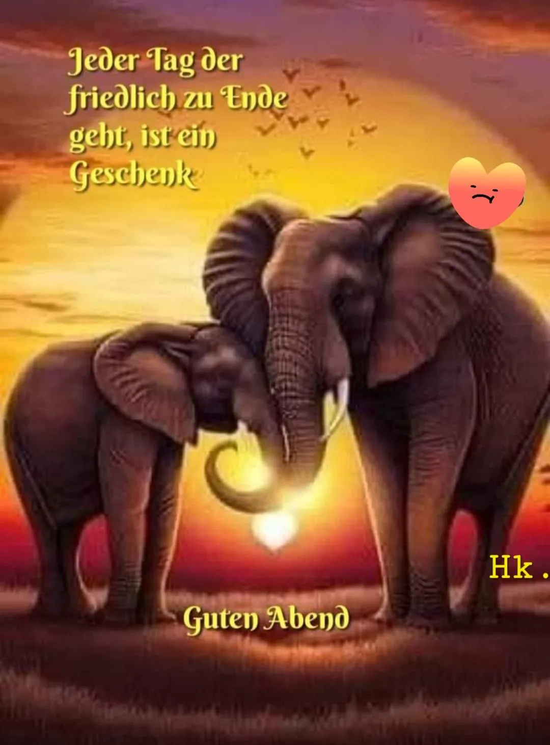 Ein digitales Bild mit zwei Elefanten vor einem Sonnenuntergang, gelbe Textzeilen